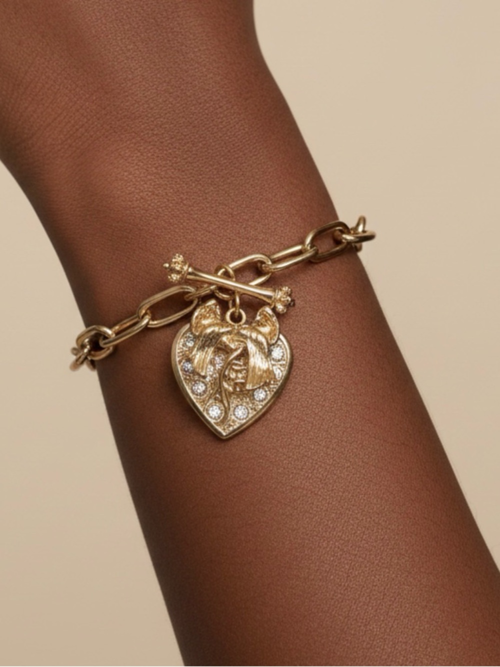 Juicy Couture Gold Bracelet with Heart and Key Charms or heart and bow charms